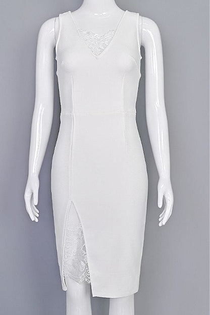 White Pearl Deep V-Neck Lace Insert Side Slit Lace Underlay Sleeveless Midi Dress