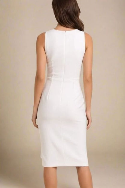 White Pearl Deep V-Neck Lace Insert Side Slit Lace Underlay Sleeveless Midi Dress