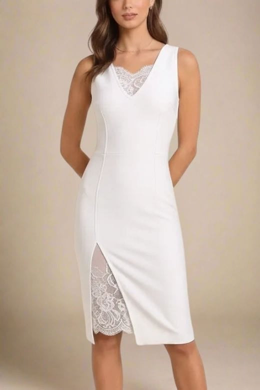 White Pearl Deep V-Neck Lace Insert Side Slit Lace Underlay Sleeveless Midi Dress