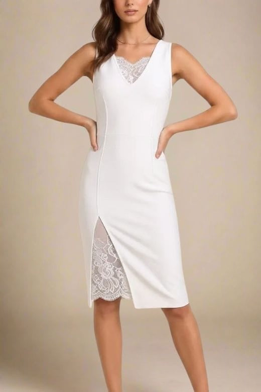 White Pearl Deep V-Neck Lace Insert Side Slit Lace Underlay Sleeveless Midi Dress