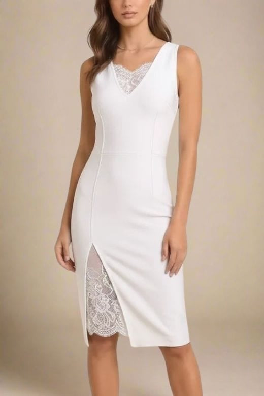 White Pearl Deep V-Neck Lace Insert Side Slit Lace Underlay Sleeveless Midi Dress
