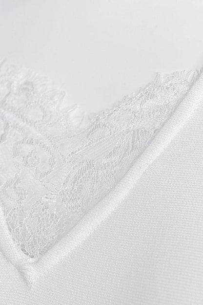 White Pearl Deep V-Neck Lace Insert Side Slit Lace Underlay Sleeveless Midi Dress