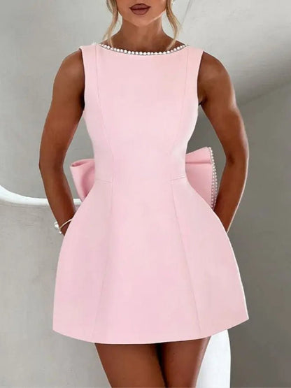 Pearl Trim Boat Neck Bow Back Pocket Skater Mini Dress