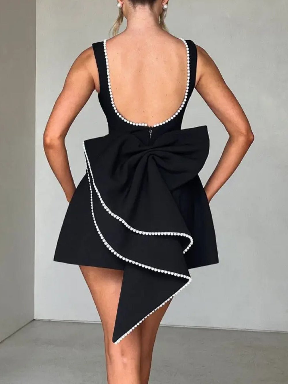Pearl Trim Boat Neck Bow Back Pocket Skater Mini Dress