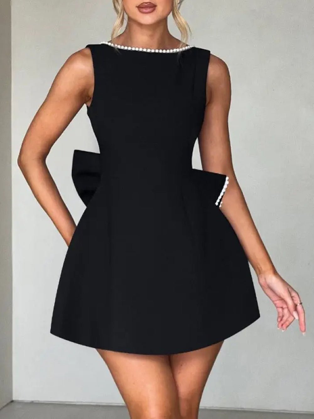 Pearl Trim Boat Neck Bow Back Pocket Skater Mini Dress