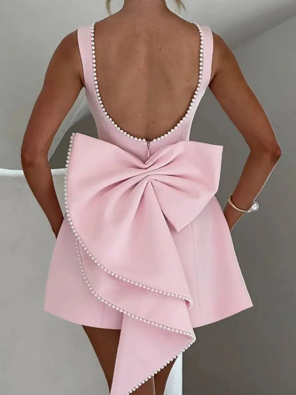 Pearl Trim Boat Neck Bow Back Pocket Skater Mini Dress