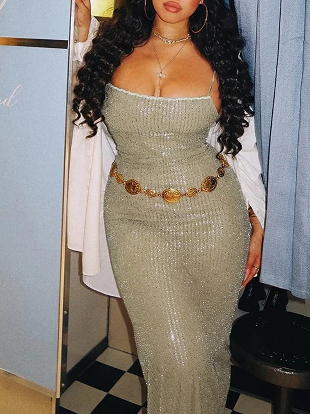 Apricot Sequin Square Neck Spaghetti Strap Bodycon Maxi Dress