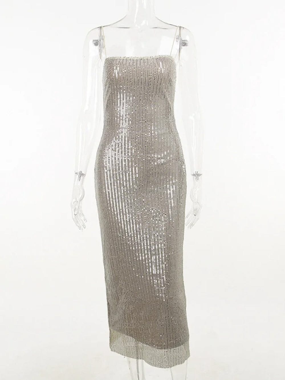 Apricot Sequin Square Neck Spaghetti Strap Bodycon Maxi Dress