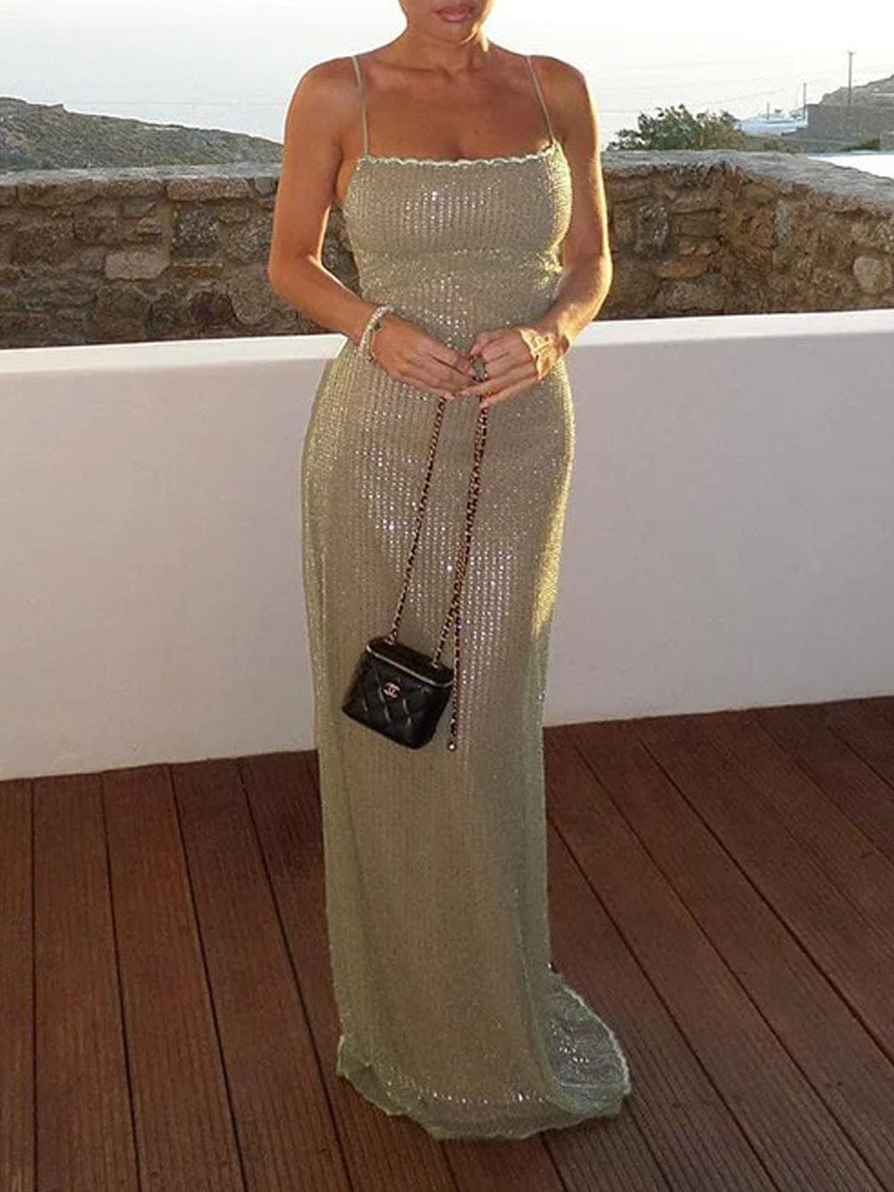 Apricot Sequin Square Neck Spaghetti Strap Bodycon Maxi Dress