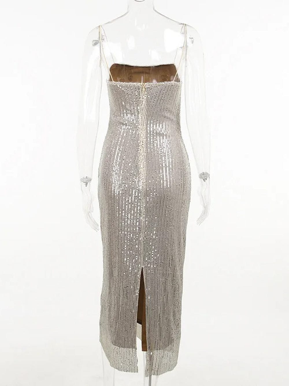 Apricot Sequin Square Neck Spaghetti Strap Bodycon Maxi Dress