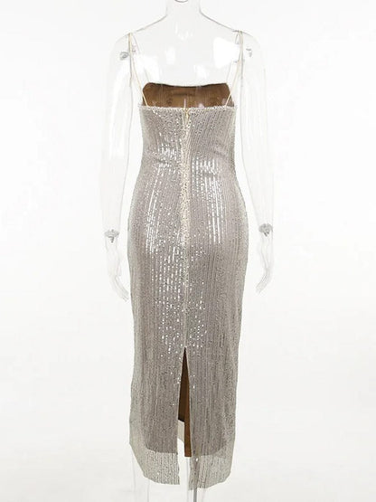Apricot Sequin Square Neck Spaghetti Strap Bodycon Maxi Dress