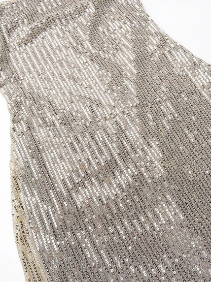 Apricot Sequin Square Neck Spaghetti Strap Bodycon Maxi Dress