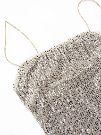 Apricot Sequin Square Neck Spaghetti Strap Bodycon Maxi Dress