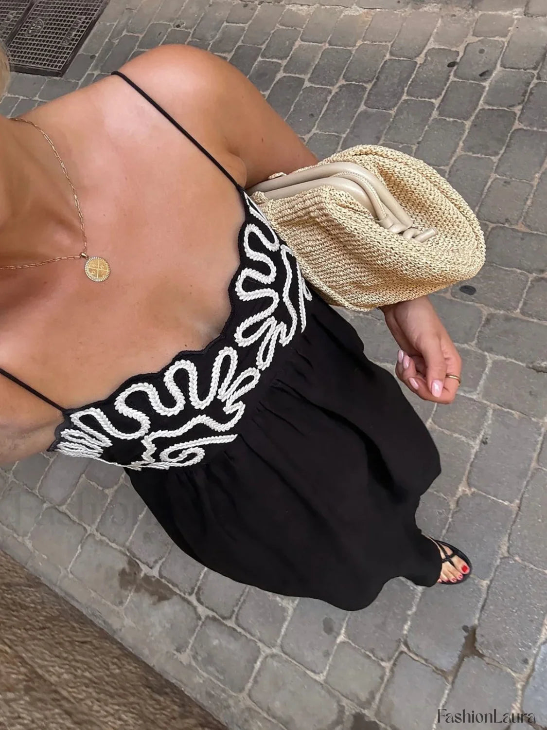 Embroidered Shirred Spaghetti Strap Long Dress