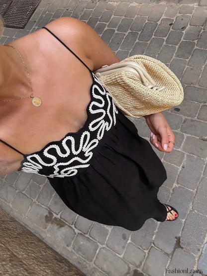 Embroidered Shirred Spaghetti Strap Long Dress