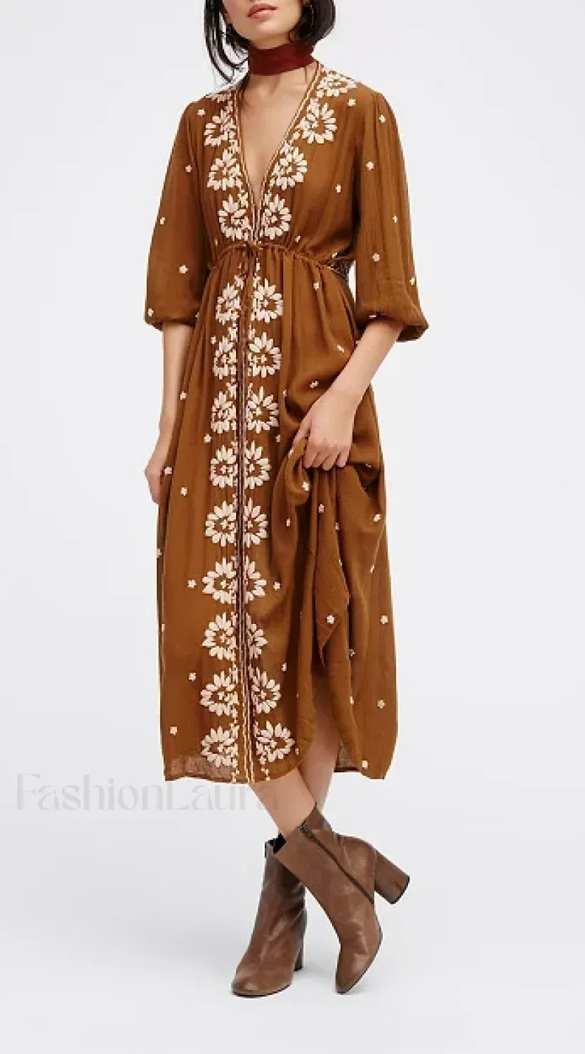 Embroidered Tie-Waist Boho Dress