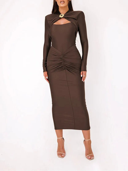 Mock Neck Cut Out Long Sleeve Ruched Front Bodycon Maxi Dress