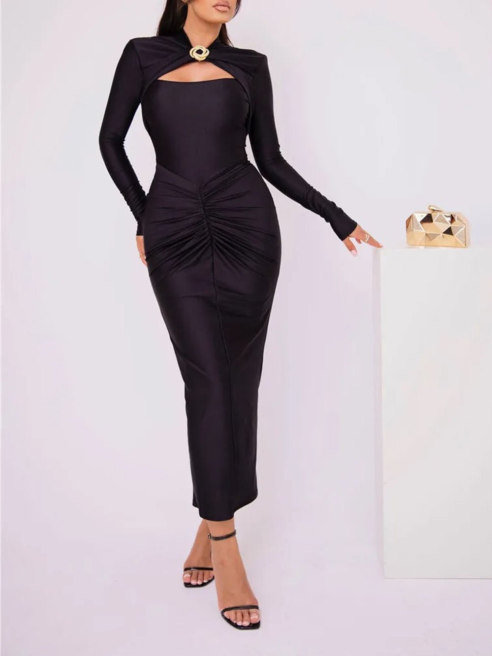 Mock Neck Cut Out Long Sleeve Ruched Front Bodycon Maxi Dress