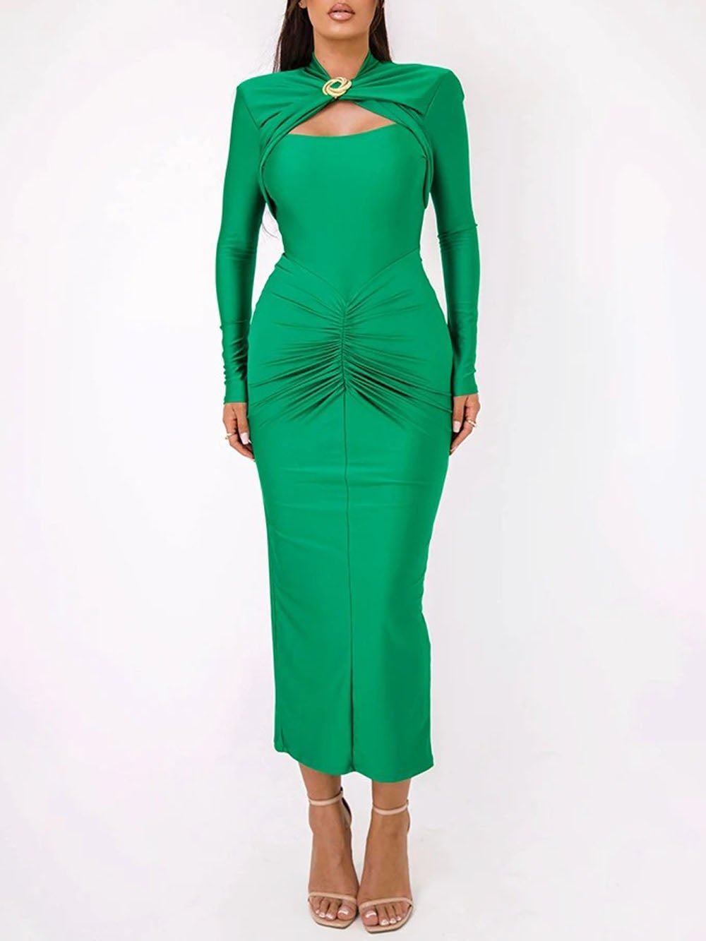 Mock Neck Cut Out Long Sleeve Ruched Front Bodycon Maxi Dress
