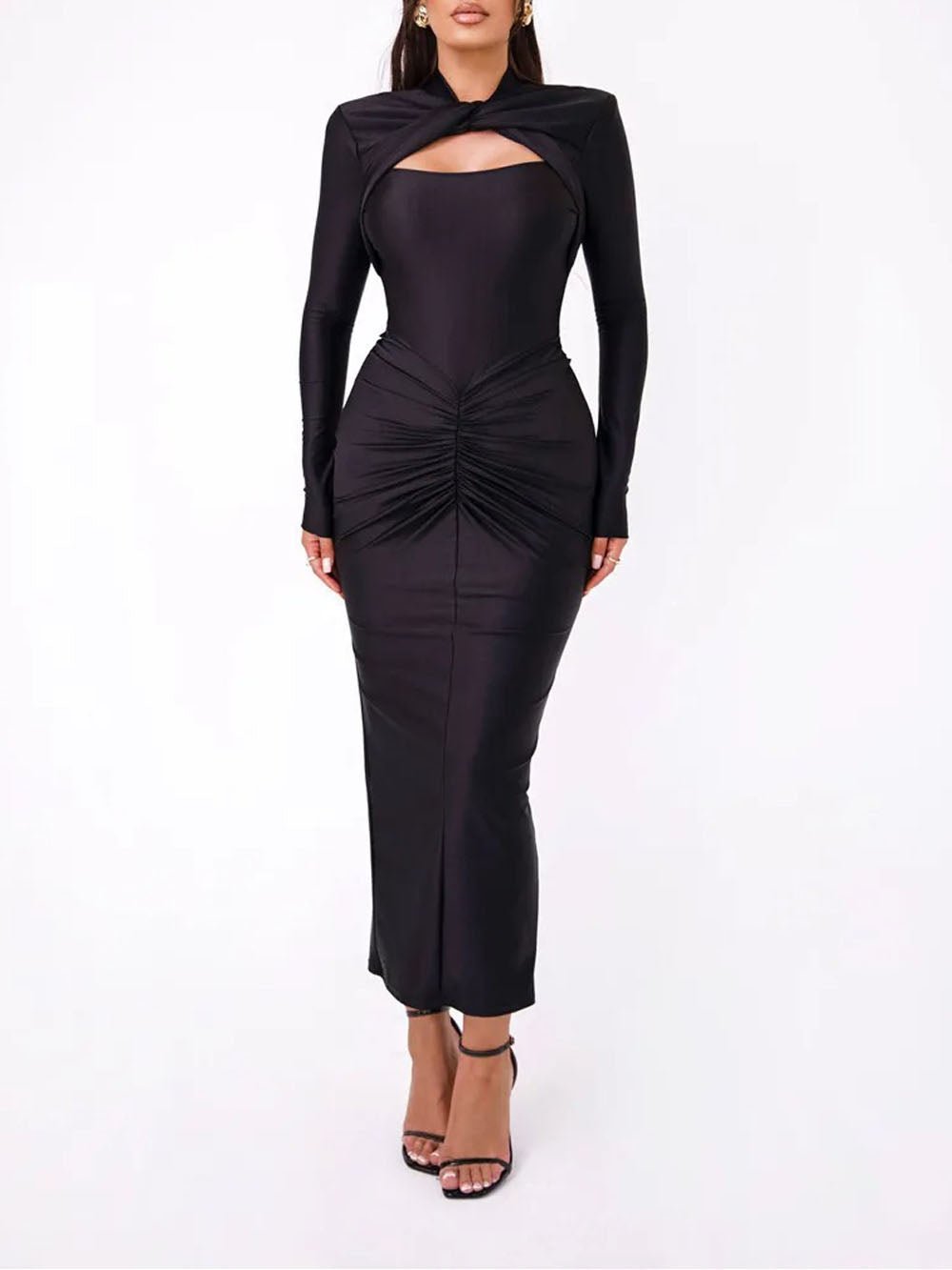 Mock Neck Cut Out Long Sleeve Ruched Front Bodycon Maxi Dress