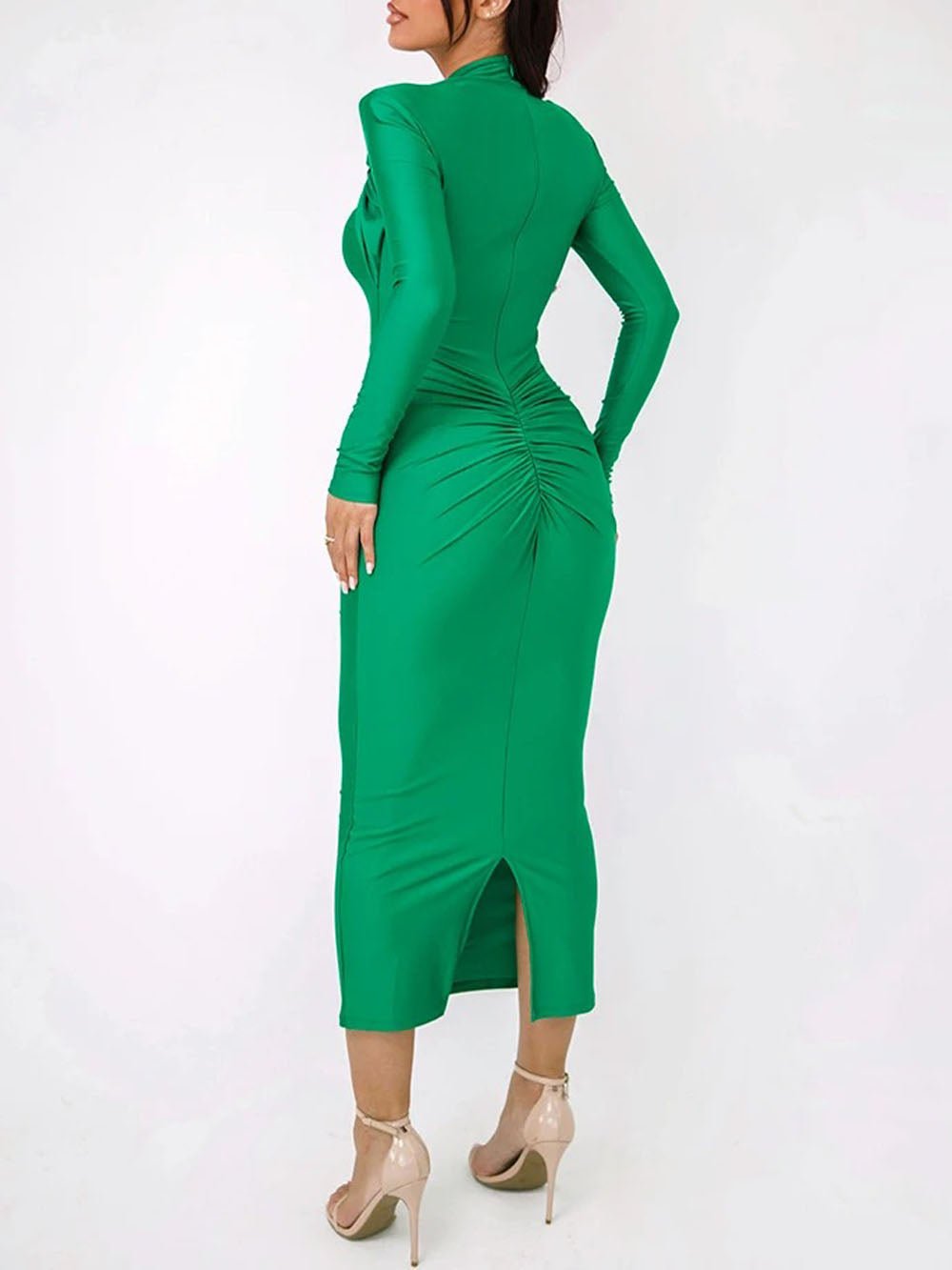 Mock Neck Cut Out Long Sleeve Ruched Front Bodycon Maxi Dress
