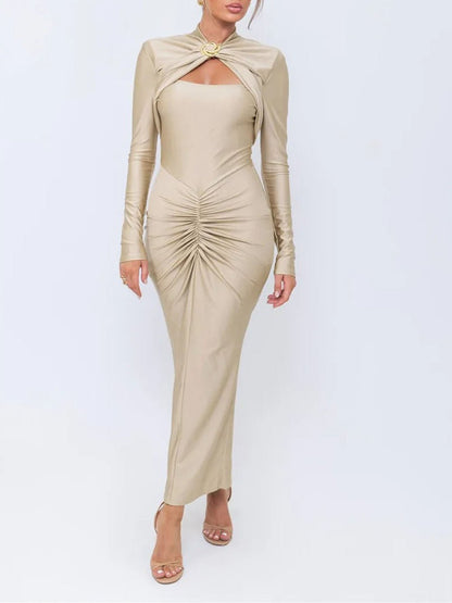 Mock Neck Cut Out Long Sleeve Ruched Front Bodycon Maxi Dress