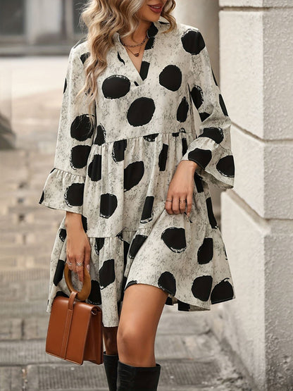 Multi Polka Dot Print V-Neck Tiered Smock Babydoll Mini Dress