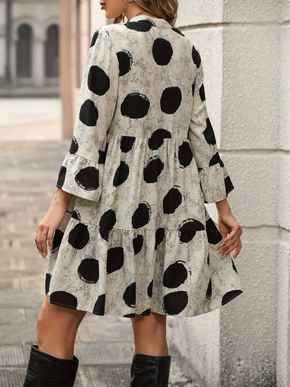 Multi Polka Dot Print V-Neck Tiered Smock Babydoll Mini Dress