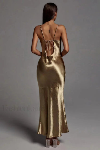 Emily Metallic Stylish Gold Maxi Dress