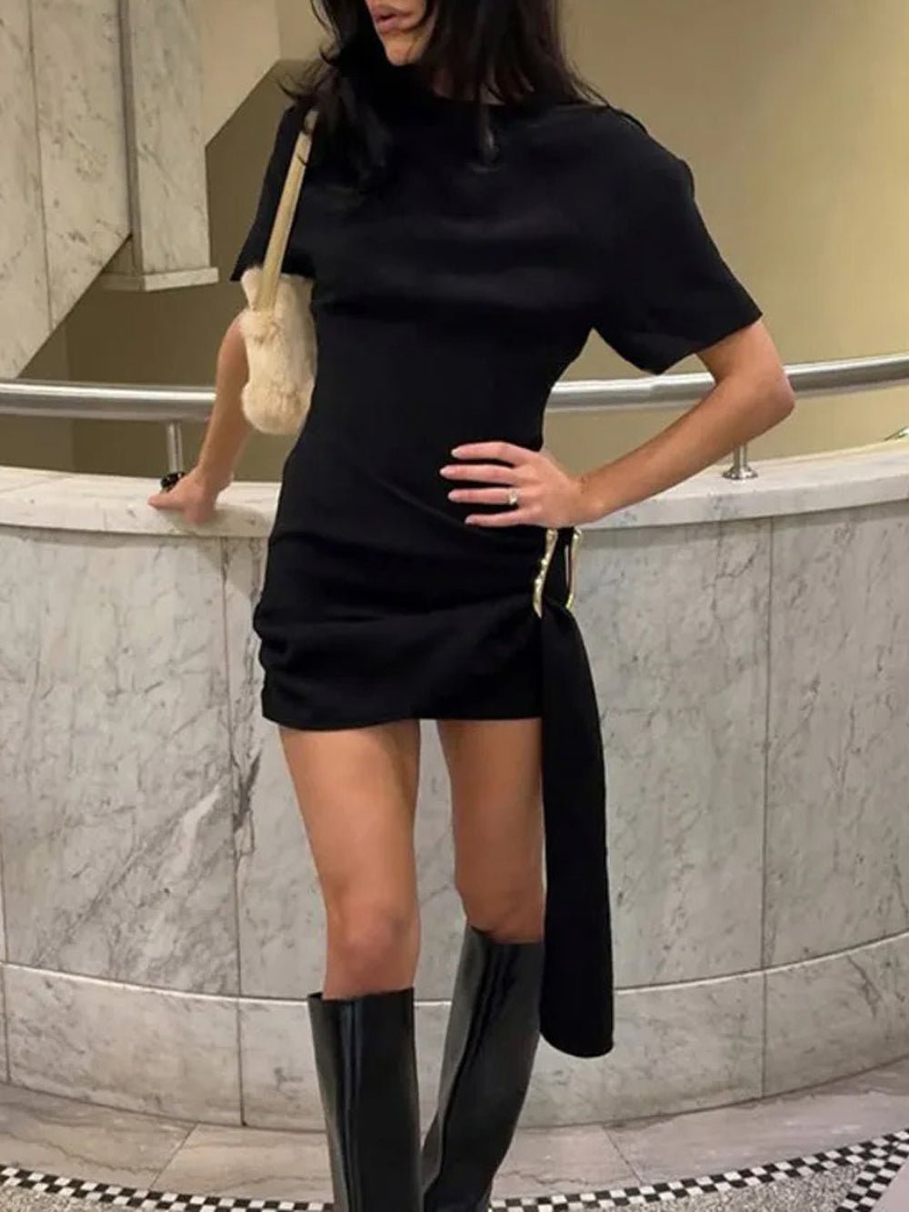 Black Mock Neck Short Sleeve Draped Sash Hardware Detail Bodycon Mini Dress