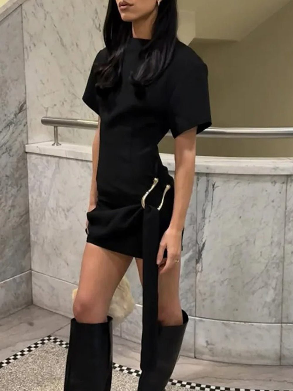 Black Mock Neck Short Sleeve Draped Sash Hardware Detail Bodycon Mini Dress