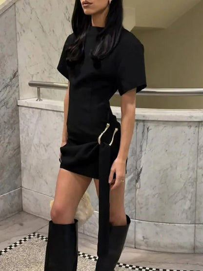 Black Mock Neck Short Sleeve Draped Sash Hardware Detail Bodycon Mini Dress