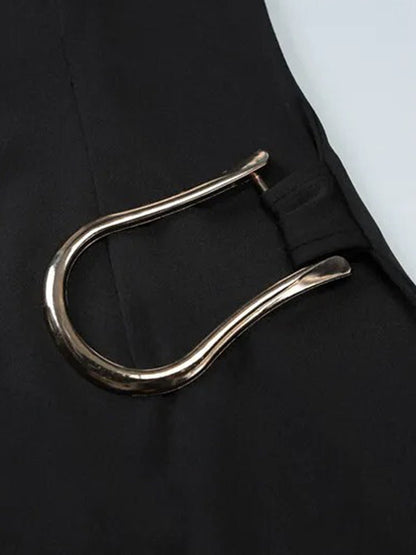 Black Mock Neck Short Sleeve Draped Sash Hardware Detail Bodycon Mini Dress