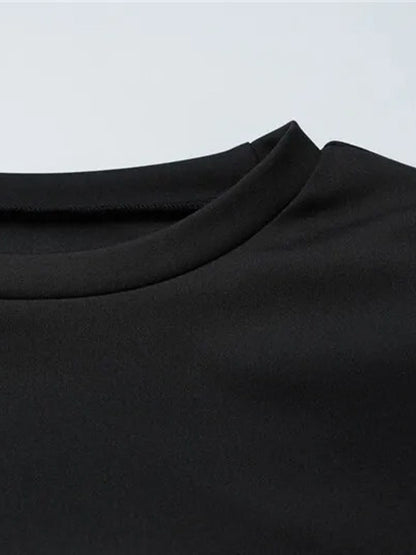 Black Mock Neck Short Sleeve Draped Sash Hardware Detail Bodycon Mini Dress