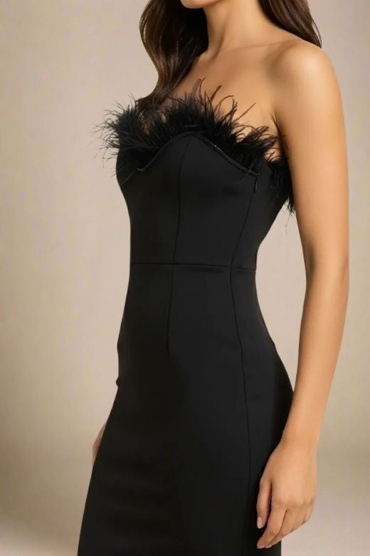 Classic Black Strapless Sweetheart Feather Trim Bodycon Midi Gown