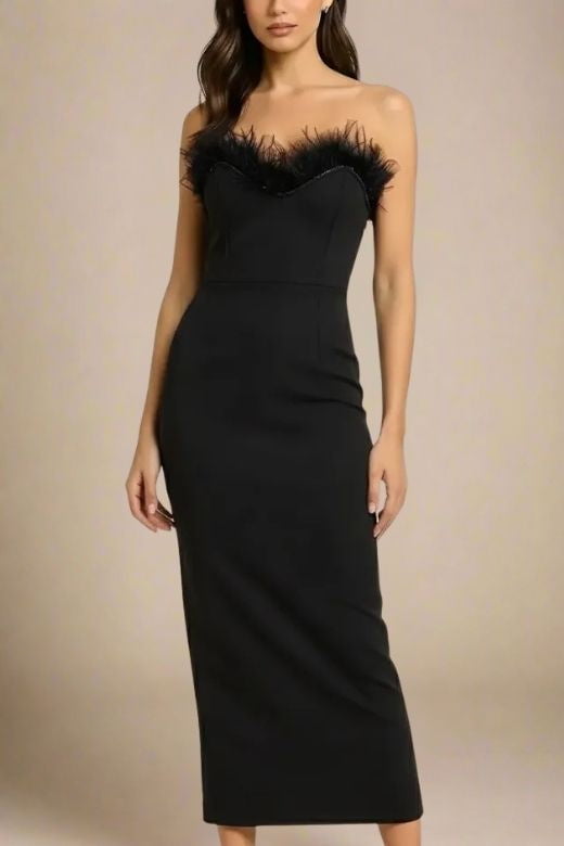 Classic Black Strapless Sweetheart Feather Trim Bodycon Midi Gown