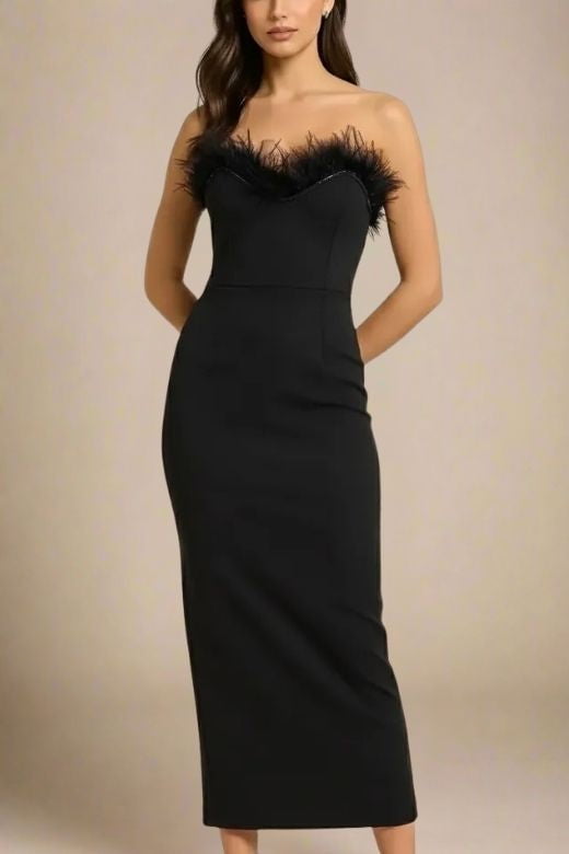 Classic Black Strapless Sweetheart Feather Trim Bodycon Midi Gown