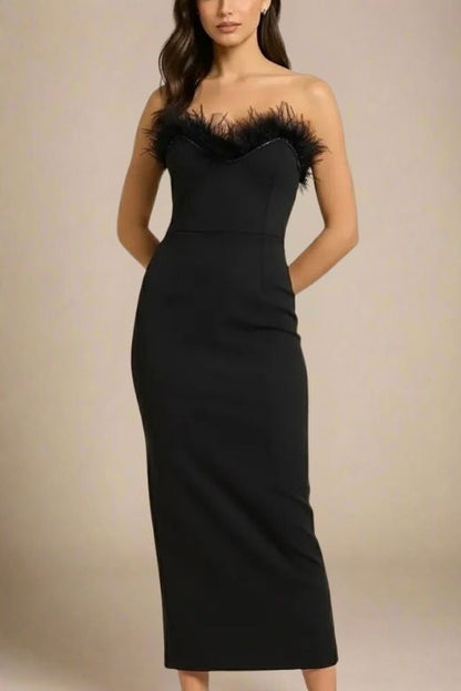 Classic Black Strapless Sweetheart Feather Trim Bodycon Midi Gown