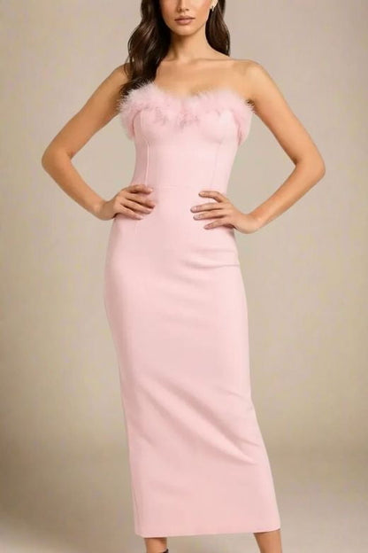 Dusty Pink Strapless Sweetheart Feather Trim Bodycon Midi Gown