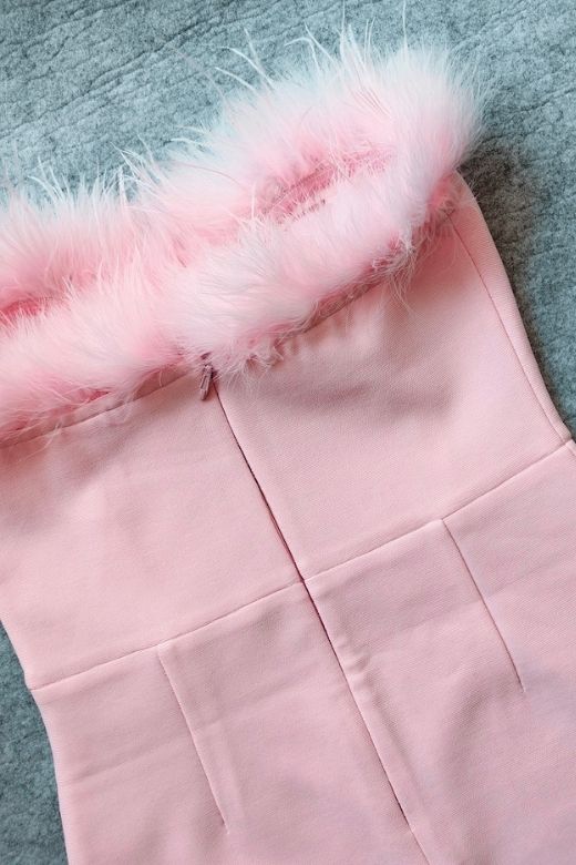 Dusty Pink Strapless Sweetheart Feather Trim Bodycon Midi Gown