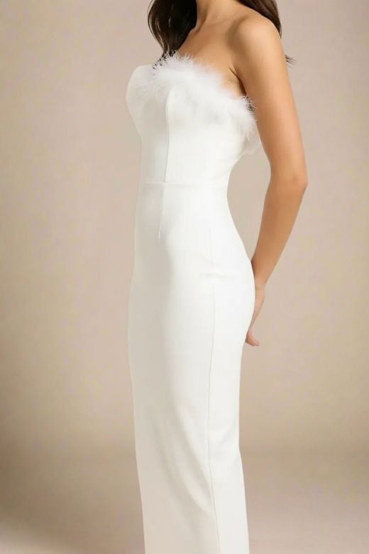 Pearl White Strapless Sweetheart Feather Trim Bodycon Midi Gown