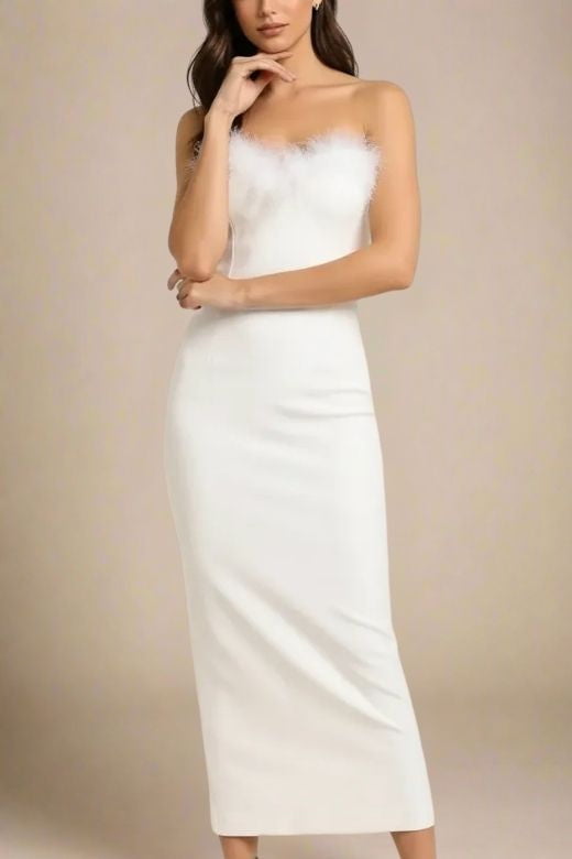 Pearl White Strapless Sweetheart Feather Trim Bodycon Midi Gown