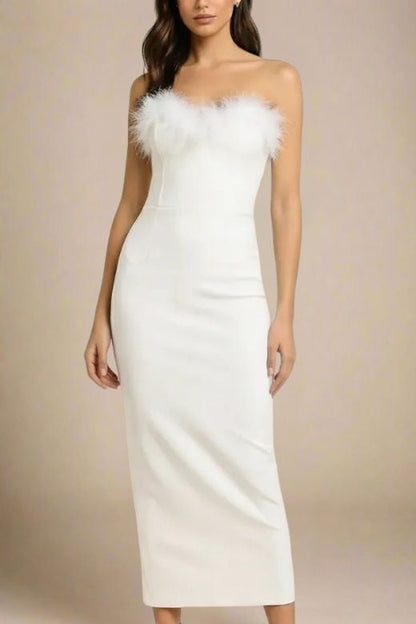 Pearl White Strapless Sweetheart Feather Trim Bodycon Midi Gown