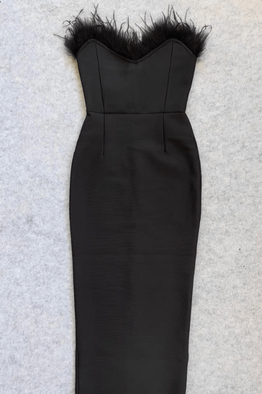 Classic Black Strapless Sweetheart Feather Trim Bodycon Midi Gown
