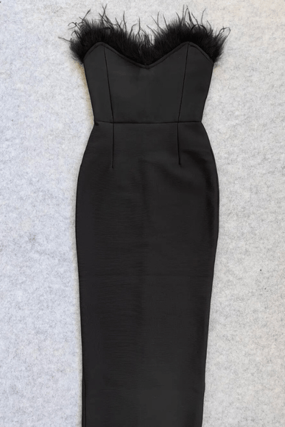 Classic Black Strapless Sweetheart Feather Trim Bodycon Midi Gown