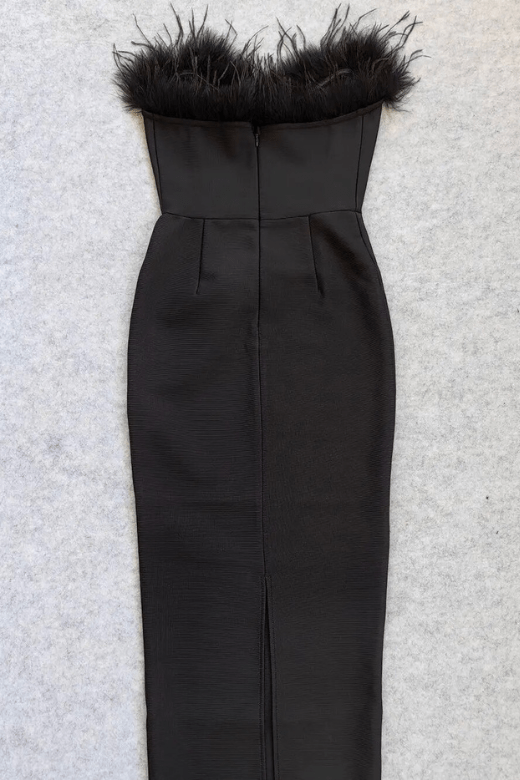 Classic Black Strapless Sweetheart Feather Trim Bodycon Midi Gown