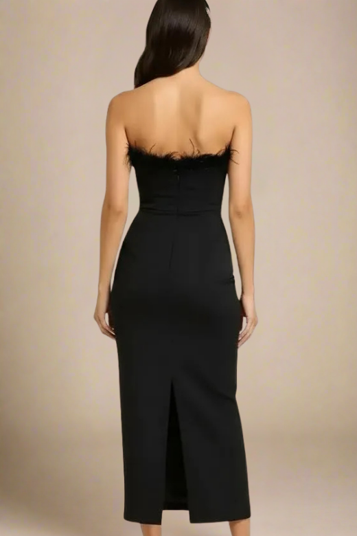Classic Black Strapless Sweetheart Feather Trim Bodycon Midi Gown