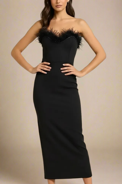 Classic Black Strapless Sweetheart Feather Trim Bodycon Midi Gown