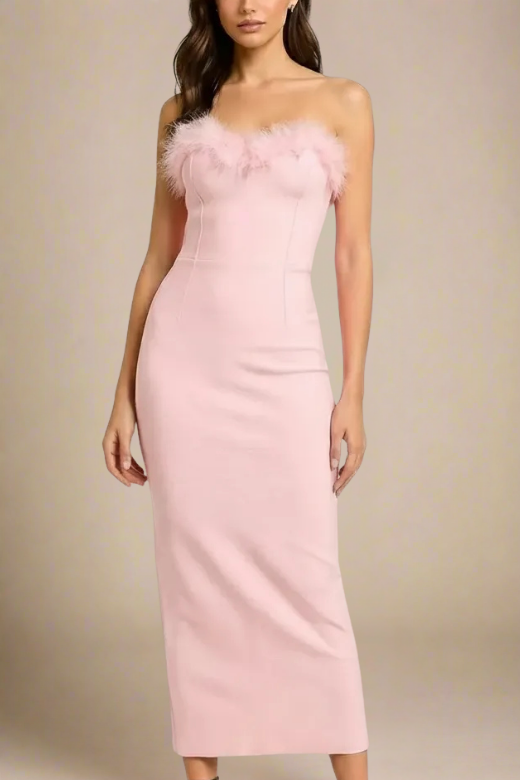 Dusty Pink Strapless Sweetheart Feather Trim Bodycon Midi Gown