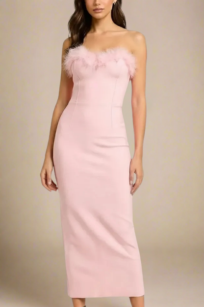 Dusty Pink Strapless Sweetheart Feather Trim Bodycon Midi Gown